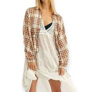 FREE‎ PEOPLE NWT WE THE FREE Pacific Dawn Drawstring Plaid Snap Shirt -size XS